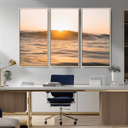 Ocean waves glowing under a warm golden sunset, reflecting soft light and calm movement, perfect for warm minimalist coastal interiors.