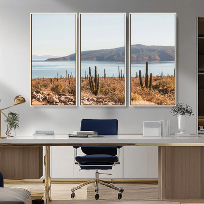 Warm desert landscape with cacti and coastal mountains, perfect for southwestern or earthy calm-themed home wall decor.