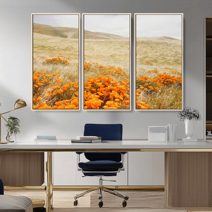 A golden field with vibrant orange poppies blooming across rolling hills under a soft, sunlit sky, creating a warm and rustic landscape.