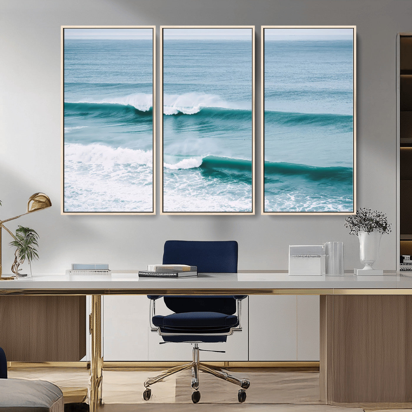 Powerful ocean waves rolling towards the shore, their turquoise hues blending with white sea foam under an open horizon, capturing the essence of the ocean's movement.