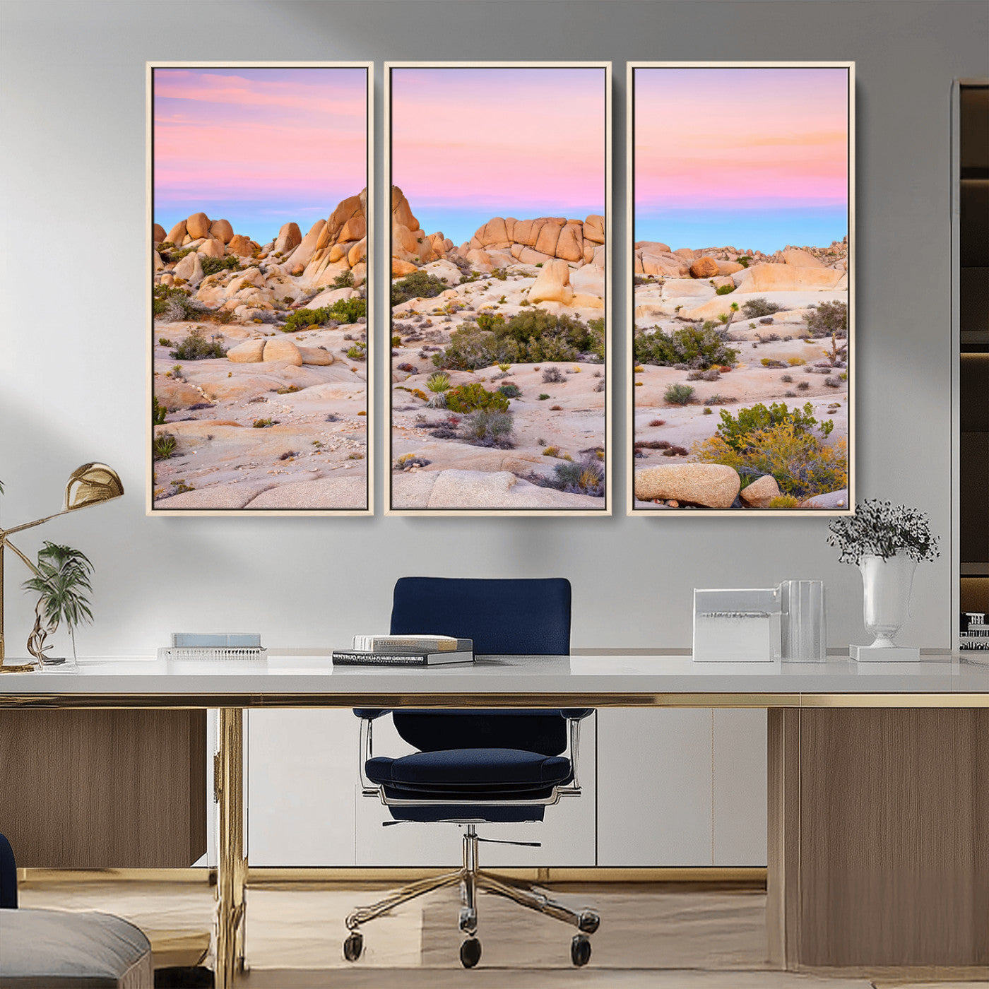 A breathtaking desert landscape featuring rugged rock formations under a vibrant pastel sunset sky, capturing the warmth and serenity of a Southwestern wilderness.
