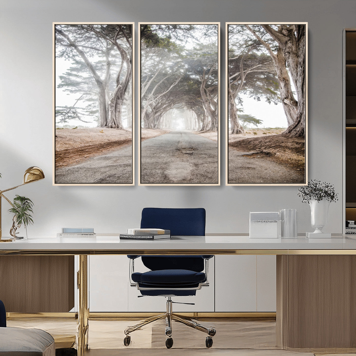 Canvas of a misty tree tunnel with arching cypress trees and an earthy road, ideal for rustic or coastal nature decor.