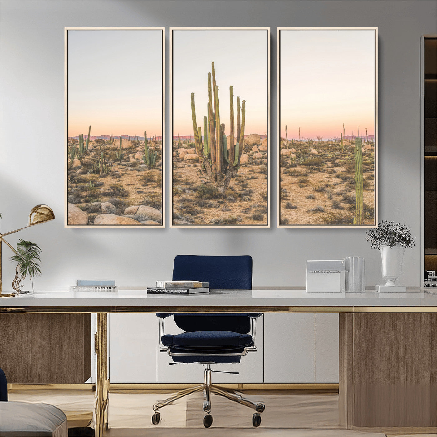Canvas of tall desert cacti in warm sunset tones over a rocky Baja landscape, ideal for earthy or Southwestern-style home decor.