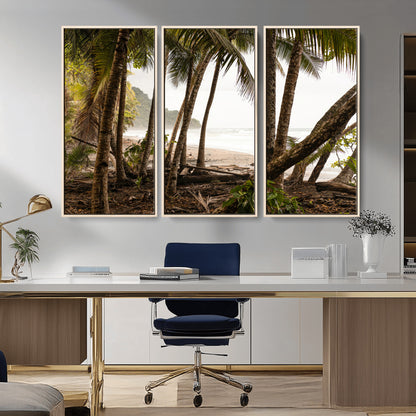 Dense tropical palm trees framing a sandy beach and ocean shore, ideal for jungle or coastal themed interior wall decor.