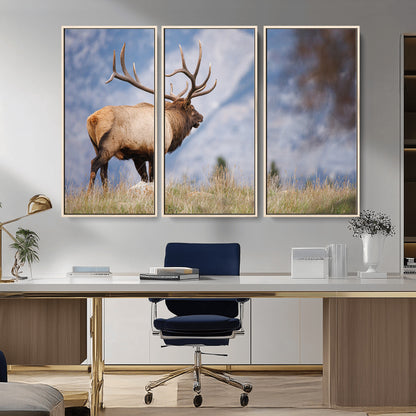 Elk with antlers standing on grass with mountain background, ideal for rustic, cabin, or lodge-inspired wall decor.