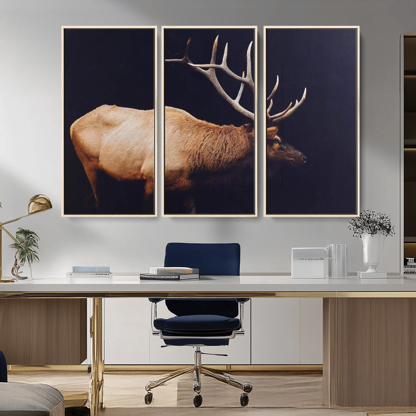 Side profile of an elk with large antlers on dark background, creating a bold rustic statement for cabin or Western-themed decor.