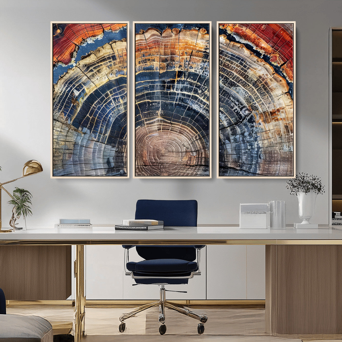 Vibrant tree ring with orange, brown, and blue tones in abstract detail, perfect for rustic or boho-inspired wall decor.