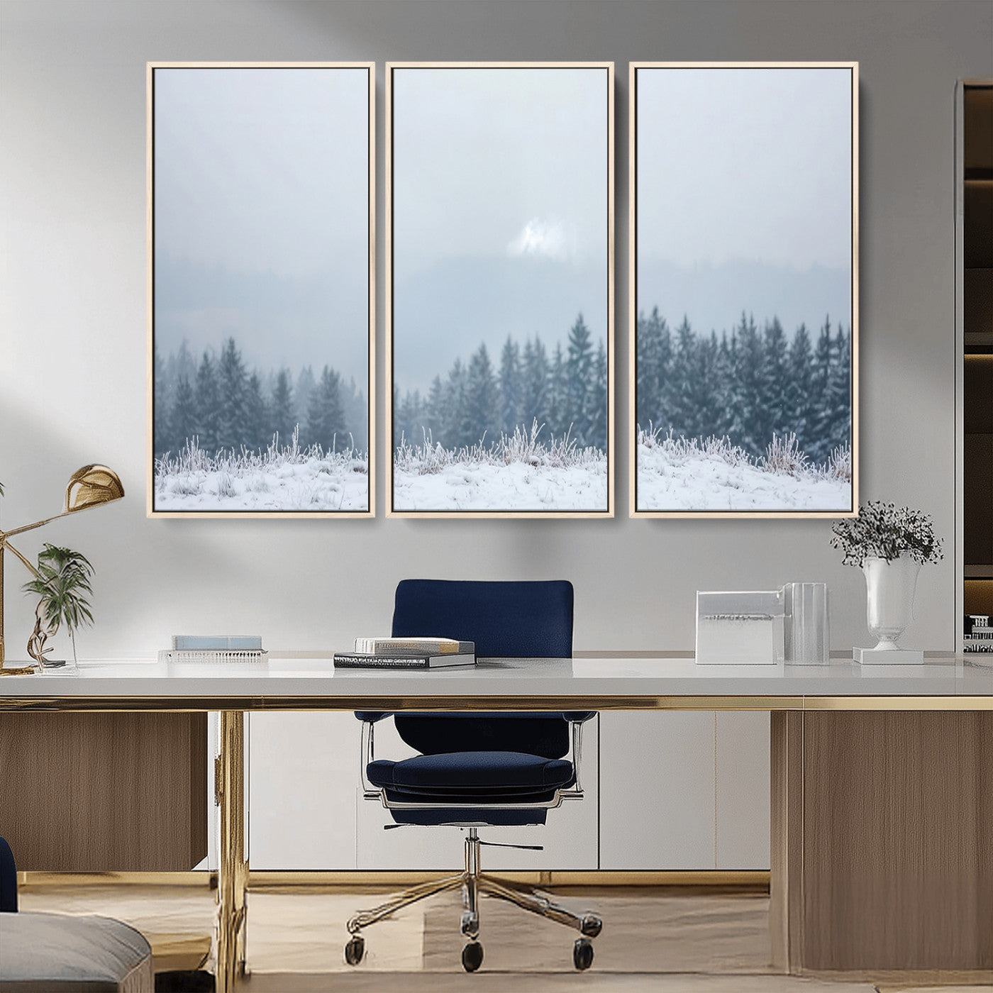 Snow-covered forest under misty sky, soft light breaking through clouds, ideal for minimalist or Nordic-inspired home decor.