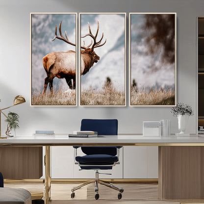 Majestic elk with large antlers standing in grass with snowy mountains in background, perfect for rustic cabin or lodge style decor.