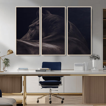 Close-up of a black horse with dramatic lighting on a dark background, perfect for rustic or masculine home decor.