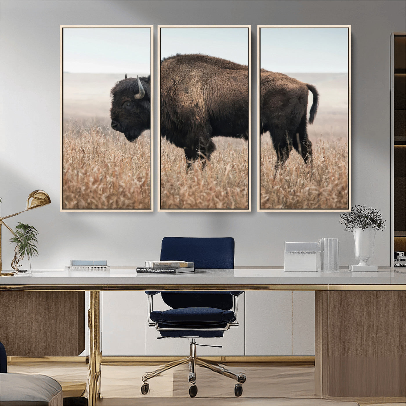 A lone bison stands in a vast prairie under a soft sky, evoking freedom and rustic charm for western or farmhouse inspired interiors.