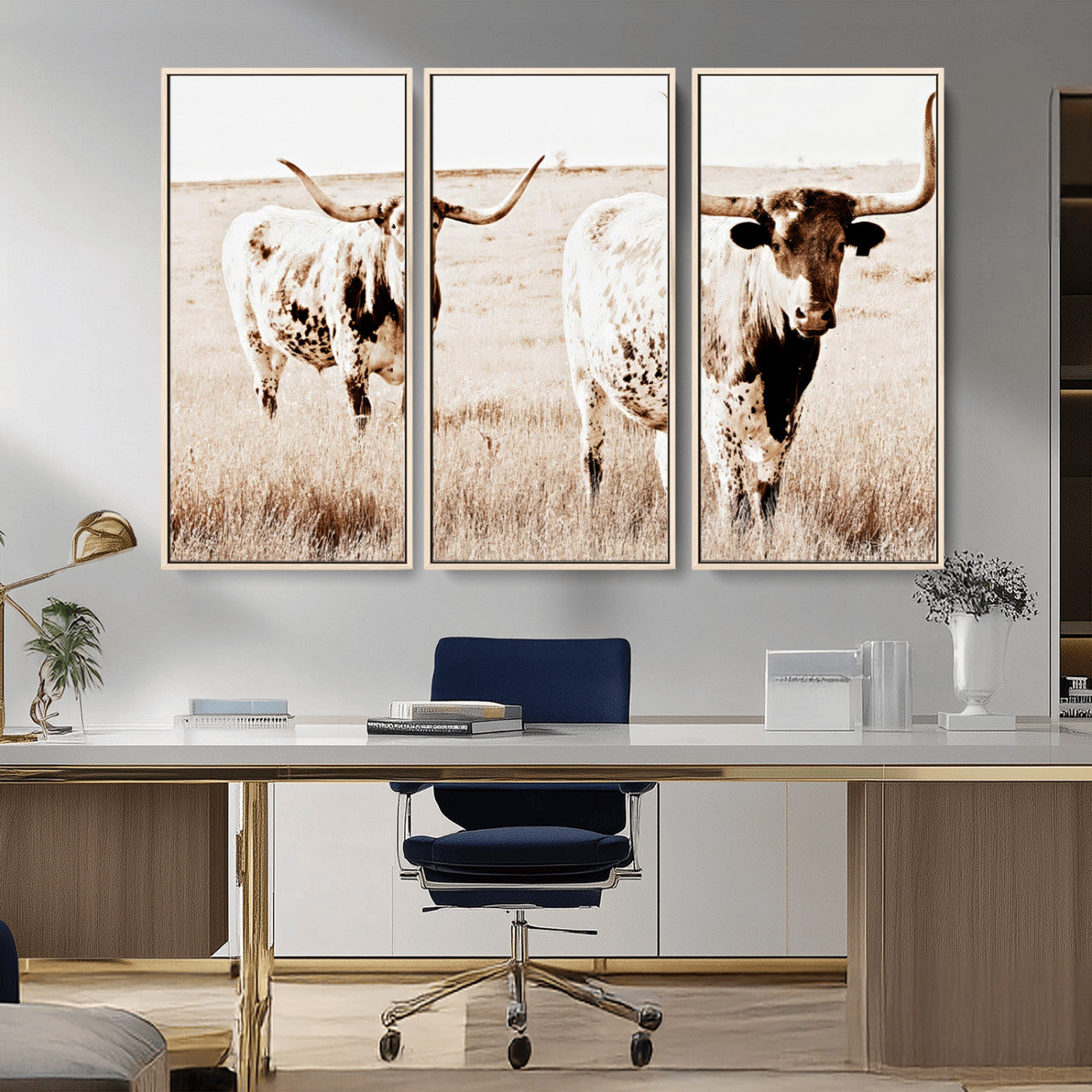 Two Texas longhorn cows standing in a sepia-toned pasture, evoking rustic charm perfect for farmhouse or western country interiors. (