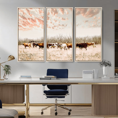 Cattle herd in a soft-toned field under a pastel pink sky, creating a peaceful rustic feel, perfect for farmhouse or western-themed spaces.