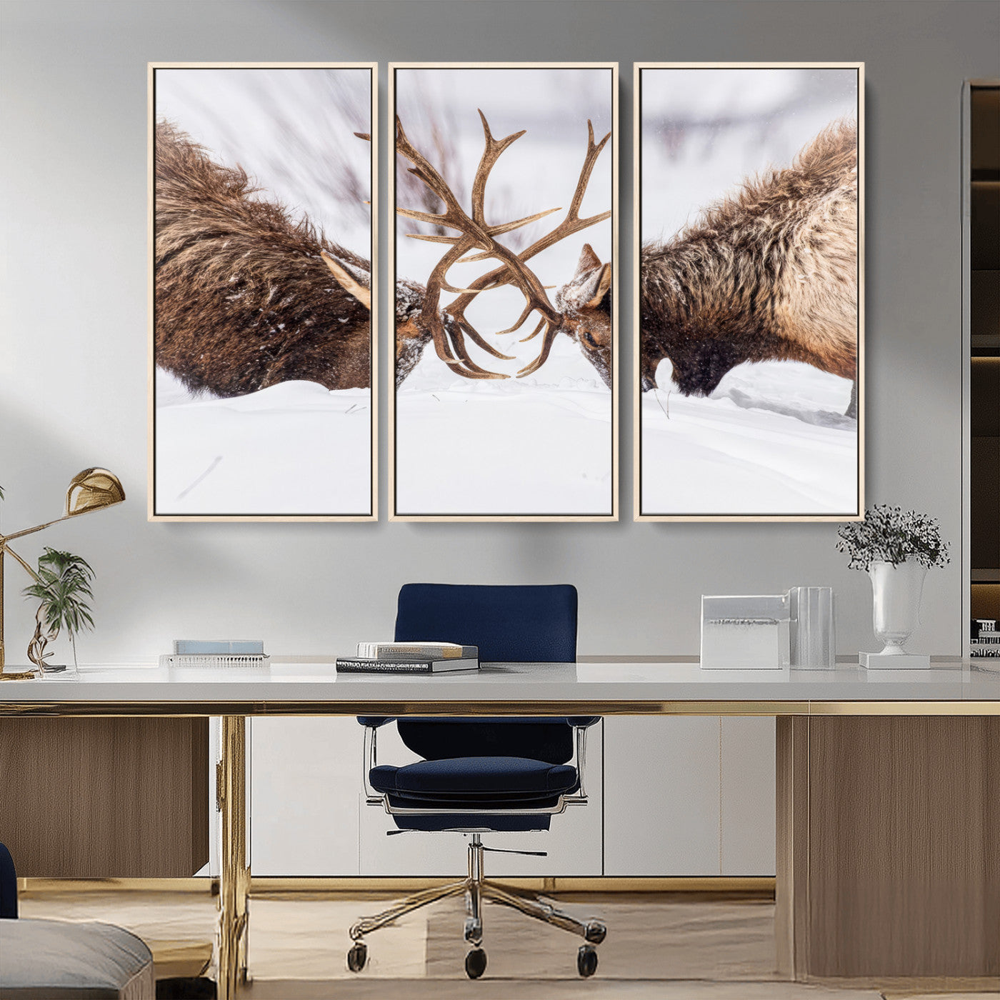 Two elk clashing antlers in a snowy forest, capturing raw power and wild energy, ideal for rustic cabin or lodge-style decor.