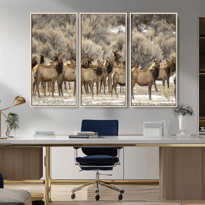 A large herd of elk standing in an open field with soft earthy tones, ideal for rustic lodge or western-themed home wall decor.