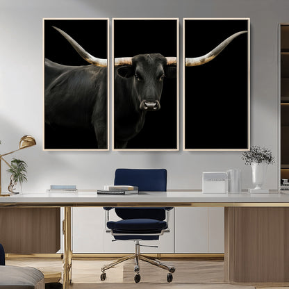 Close-up of a black Texas longhorn with large curved horns on black background, ideal for rustic farmhouse or modern western interiors.