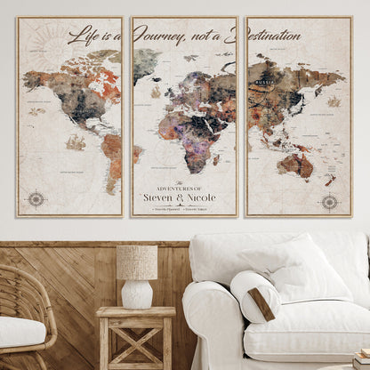 96000140-MGV-CV-36X24-Custom Push Pin World Map Wall Canvas Print – Personalized Travel Tracker with Pins – Framed Large Multi-Size Canvas for Home Office Decor