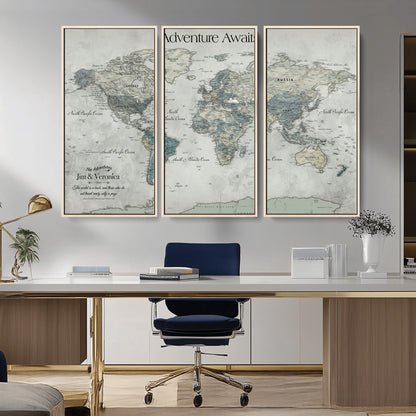 Customize Push Pin World Map Wall Canvas Print – Personalized Travel Tracker with Pins – Framed Custom Quotie Canvas for Home Office Decor
