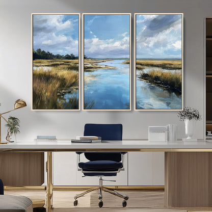 A beautiful, painterly landscape of a calm river winding through a marsh, with vibrant green grasses and a bright blue sky filled with fluffy clouds.