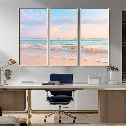 A peaceful beach scene with soft pastel skies, gentle waves washing up on the sandy shore, creating a calm and serene ocean view.