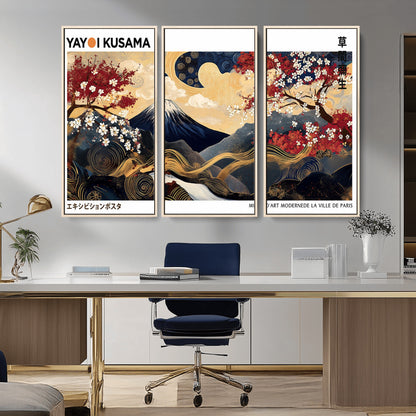 An artwork by Yayoi Kusama featuring Mount Fuji, blooming cherry blossoms, and swirling patterns in a harmonious blend of nature and art.