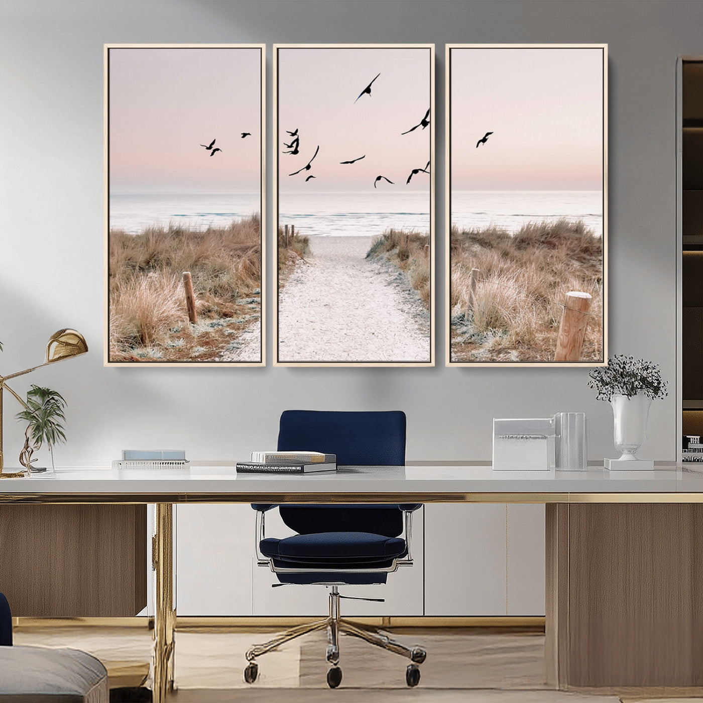 A peaceful coastal pathway leading to the ocean, with birds flying across a soft pastel sky, creating a calm and scenic beach atmosphere.