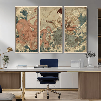 Tsukioka Yoshitoshi Samurai Wall Art Print, Japanese Katana Warrior Canvas Wall Art, Octopus Sea Monster Canvas Print,