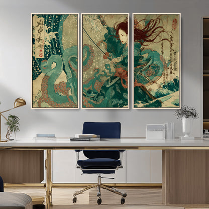 Tsukioka Yoshitoshi Samurai Wall Art Print, Japanese Katana Warrior Canvas Wall Art, Octopus Sea Monster Canvas Print,