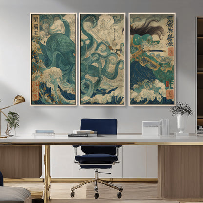 Tsukioka Yoshitoshi Samurai Wall Art Print, Japanese Katana Warrior Canvas Wall Art, Octopus Sea Monster Canvas Print,