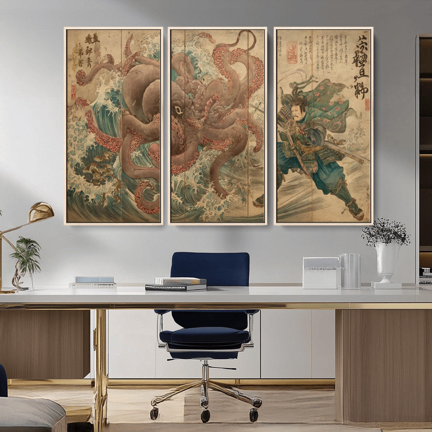 Tsukioka Yoshitoshi Samurai Wall Art Print, Japanese Katana Warrior Canvas Wall Art, Octopus Sea Monster Canvas Print,