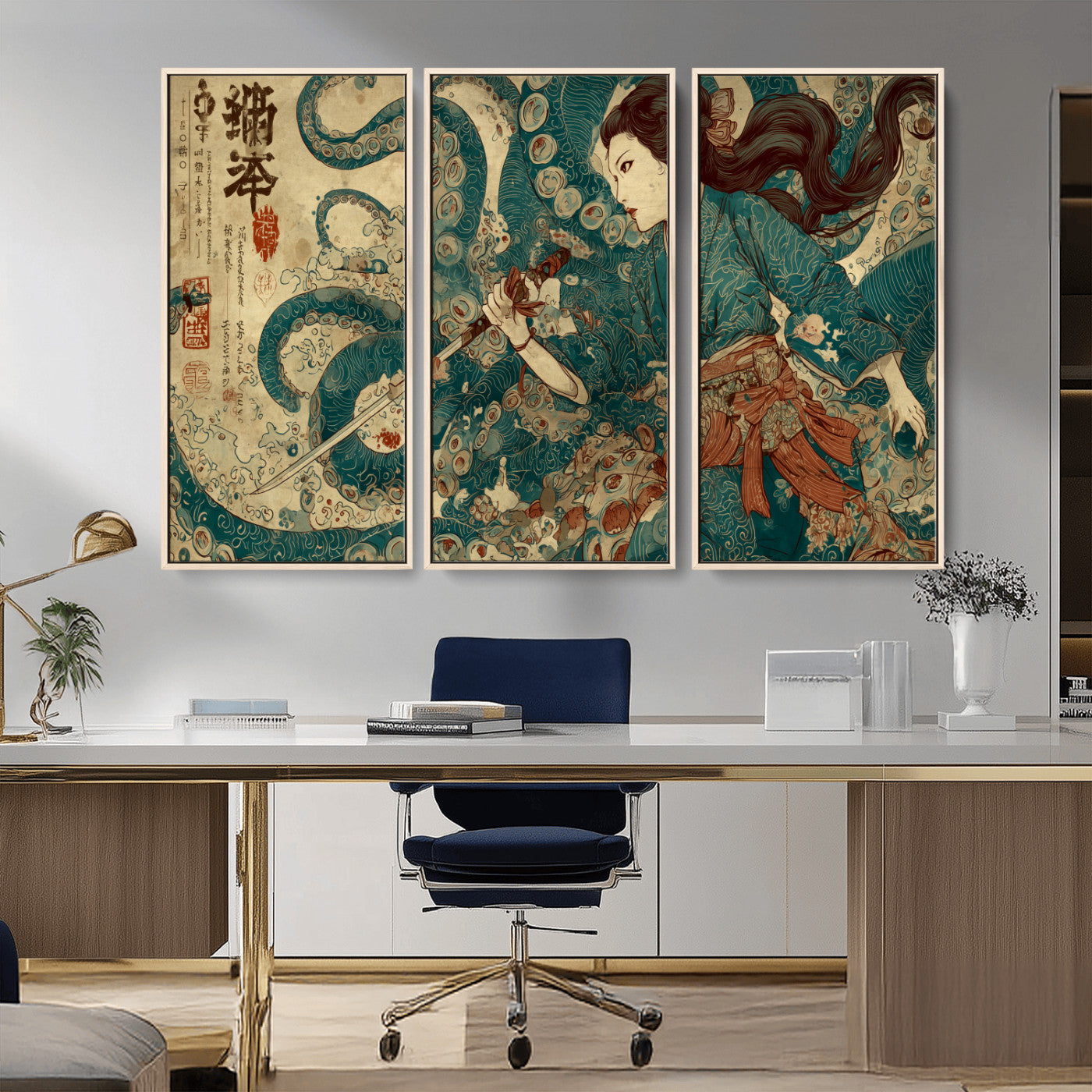 Tsukioka Yoshitoshi Samurai Wall Art Print, Japanese Katana Warrior Canvas Wall Art, Octopus Sea Monster Canvas Print,