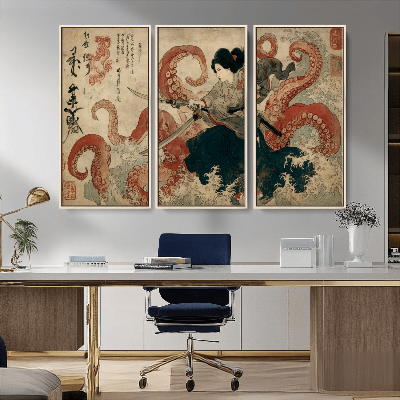 Tsukioka Yoshitoshi Samurai Wall Art Print, Japanese Katana Warrior Canvas Wall Art, Octopus Sea Monster Canvas Print,