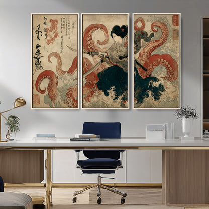 Tsukioka Yoshitoshi Samurai Wall Art Print, Japanese Katana Warrior Canvas Wall Art, Octopus Sea Monster Canvas Print,