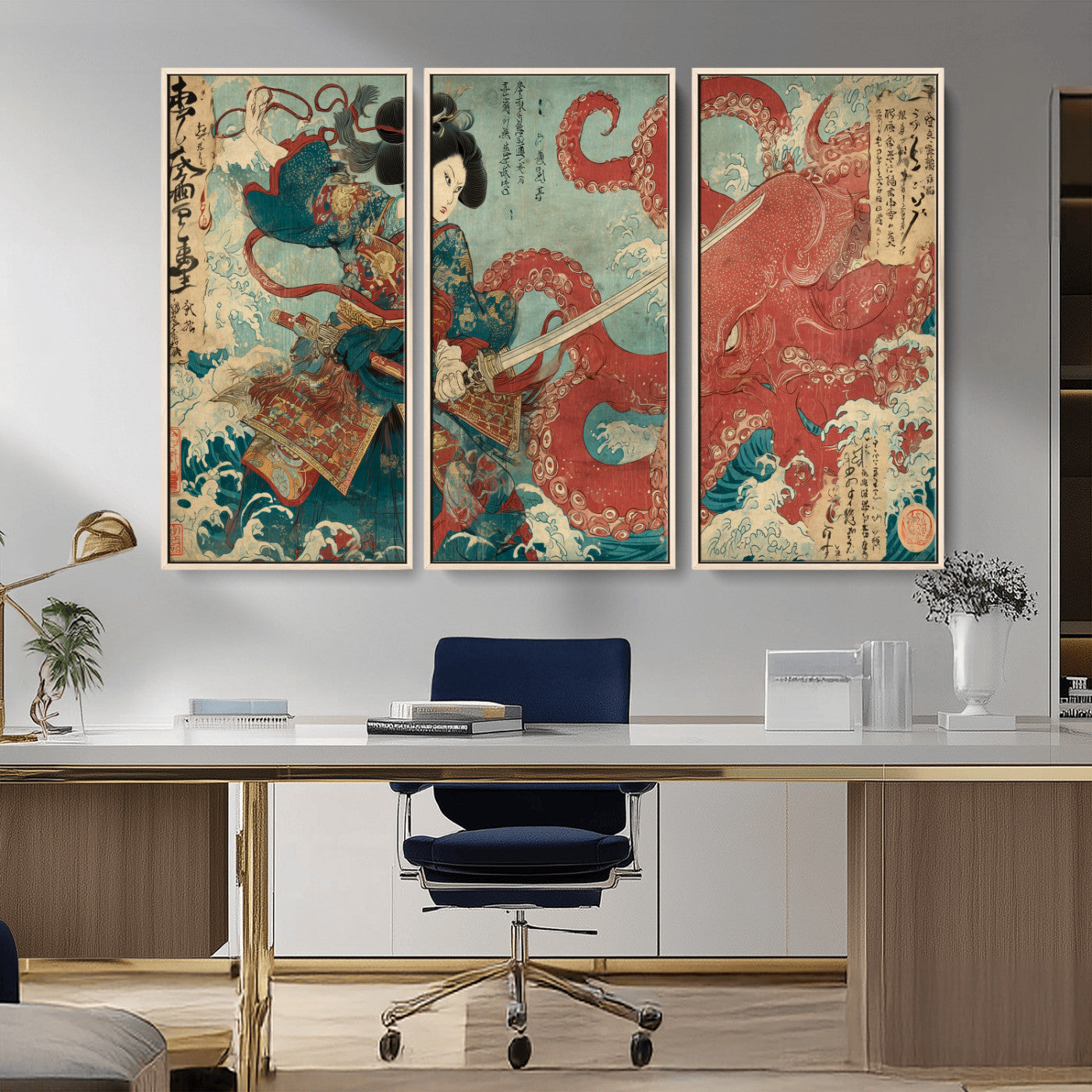 Tsukioka Yoshitoshi Samurai Wall Art Print, Japanese Katana Warrior Canvas Wall Art, Octopus Sea Monster Canvas Print,