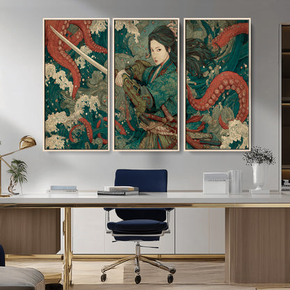 Tsukioka Yoshitoshi Samurai Wall Art Print, Japanese Katana Warrior Canvas Wall Art, Octopus Sea Monster Canvas Print,
