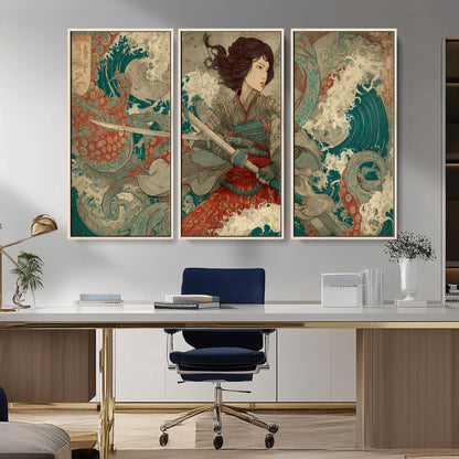 Tsukioka Yoshitoshi Samurai Wall Art Print, Japanese Katana Warrior Canvas Wall Art, Octopus Sea Monster Canvas Print,