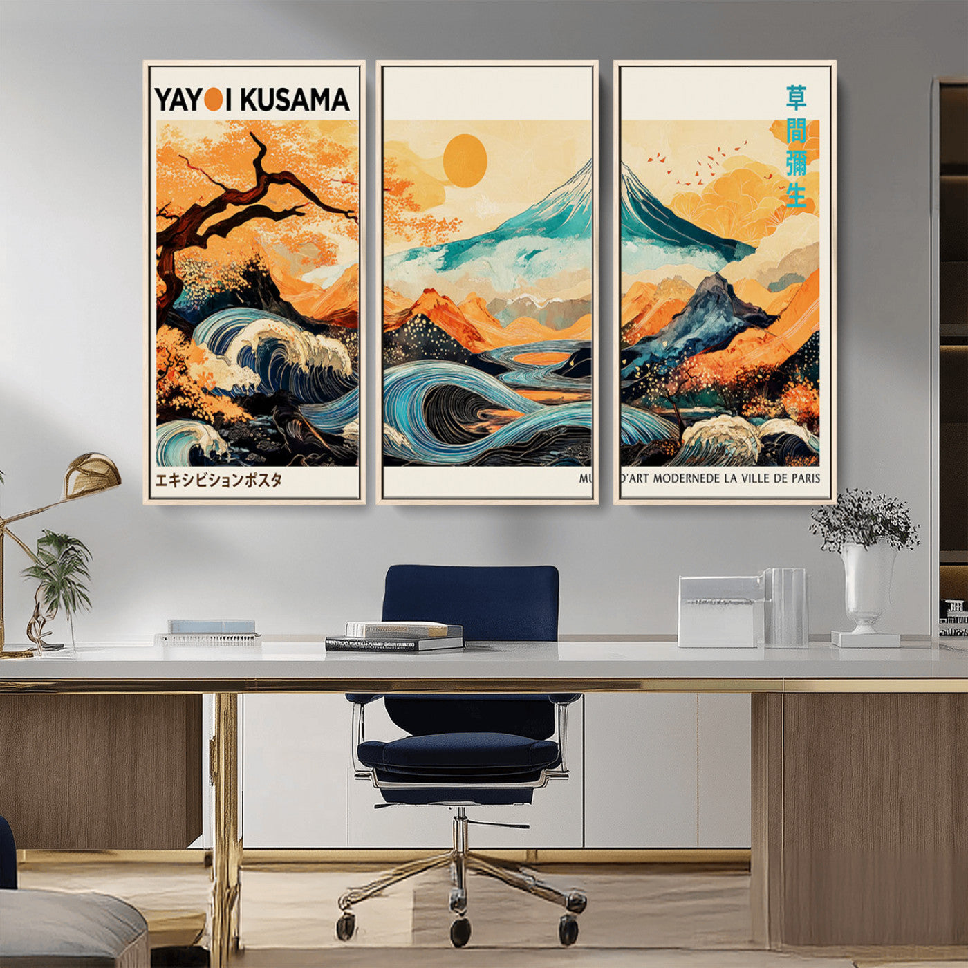 Modern Japanese-style art print featuring a stylized Mount Fuji, flowing waves, and vibrant landscapes in bold colors, inspired by traditional and contemporary aesthetics.
