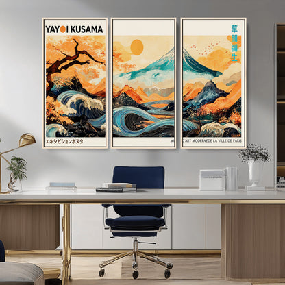 Modern Japanese-style art print featuring a stylized Mount Fuji, flowing waves, and vibrant landscapes in bold colors, inspired by traditional and contemporary aesthetics.