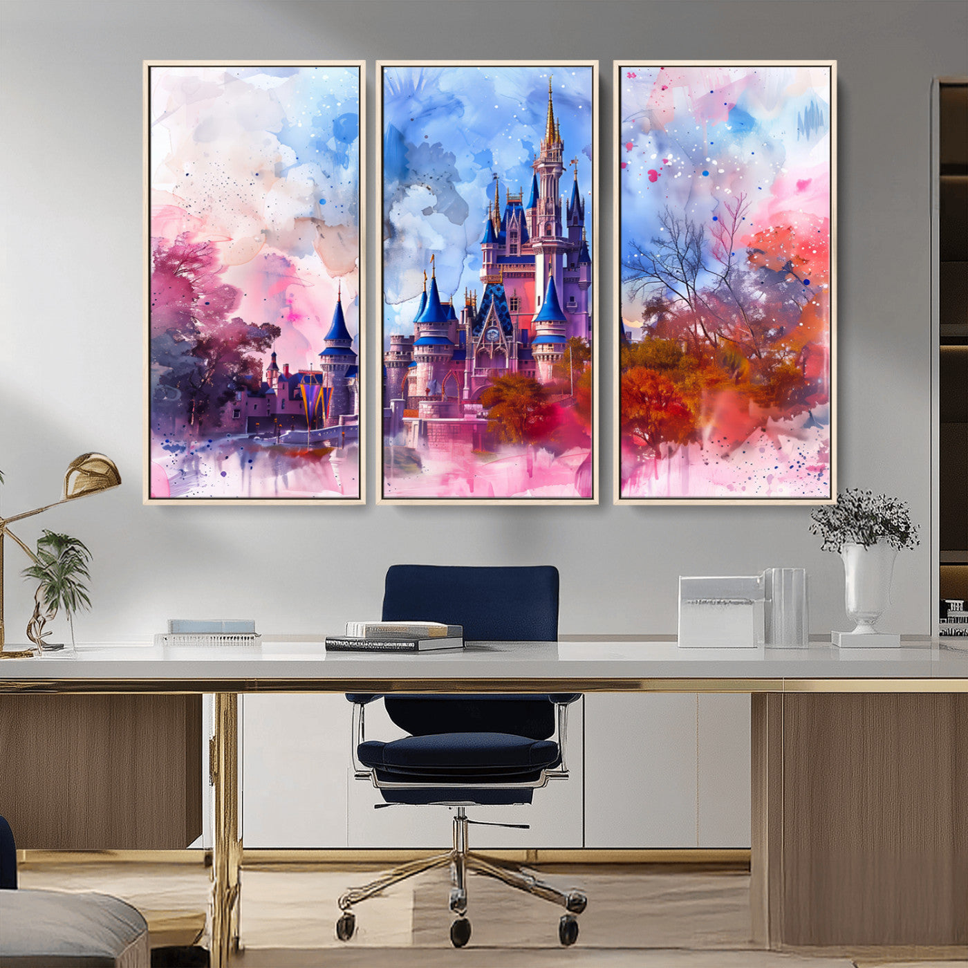 Watercolor canvas of a dreamy Disney-style castle in pastel pink and blue tones, perfect for fairytale or whimsical home decor.