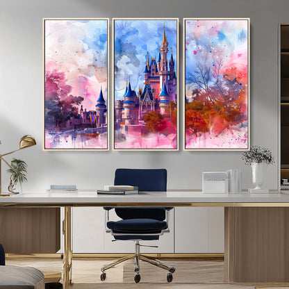 Watercolor canvas of a dreamy Disney-style castle in pastel pink and blue tones, perfect for fairytale or whimsical home decor.
