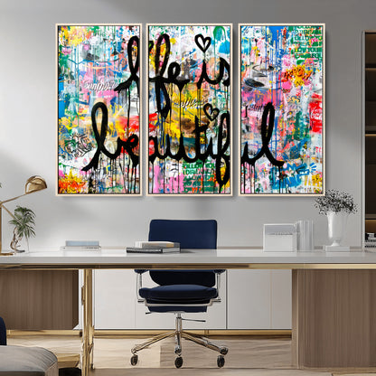 Colorful urban-style canvas with graffiti text “Life is Beautiful” in black paint, ideal for bold or street-themed home decor.