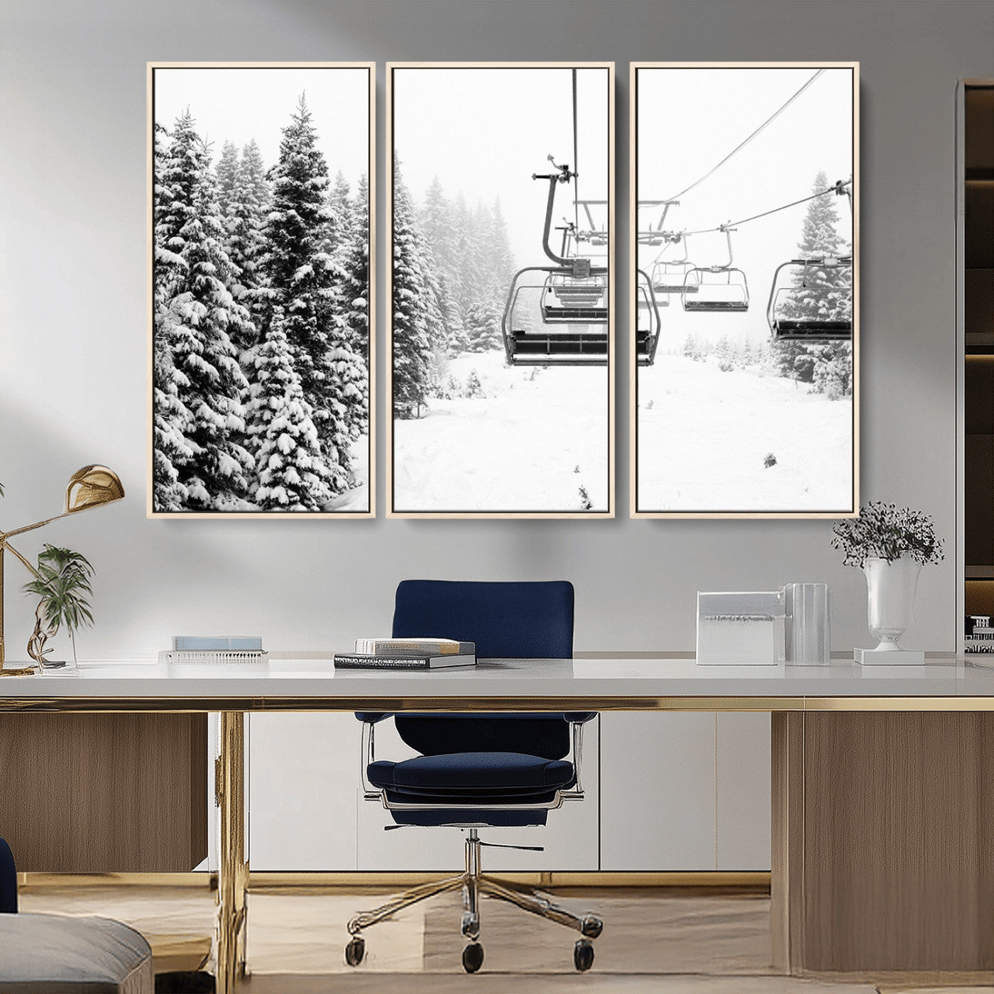 Black and white canvas of empty ski lifts over a snowy pine forest, perfect for minimal winter or ski lodge-inspired decor.