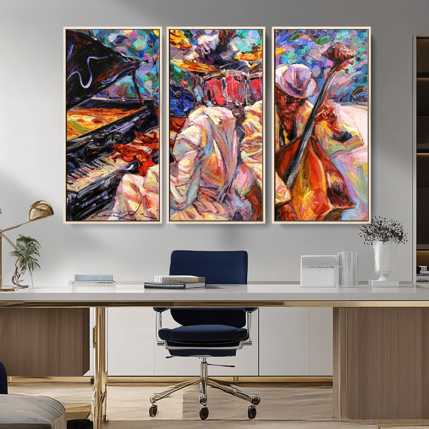 Vibrant oil painting of a jazz band with piano, saxophone, and bass, ideal for colorful and expressive music-themed home decor.