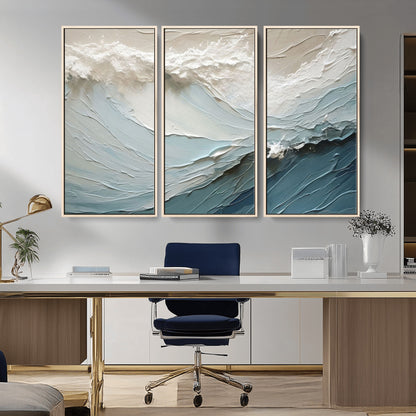 Textured canvas of ocean waves in soft coastal blues and creamy whites, ideal for modern or minimalist coastal-style interiors.