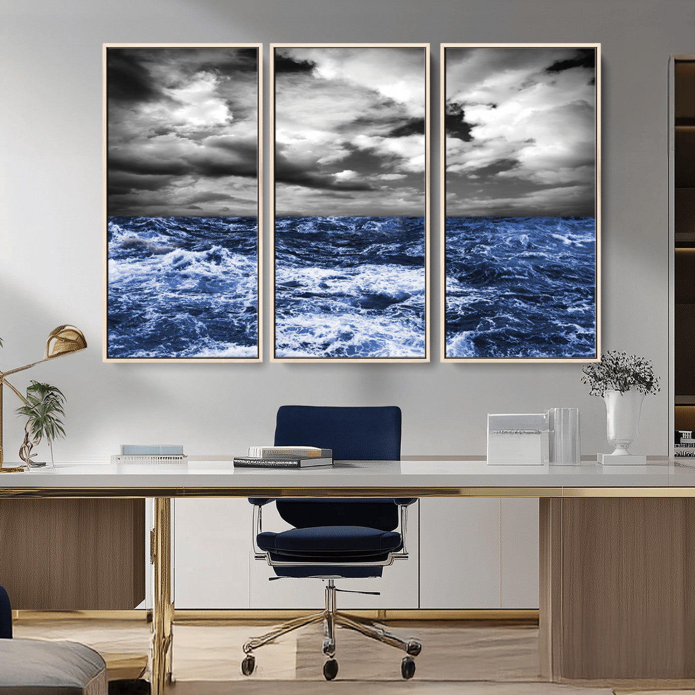 Moody canvas wall art of a stormy ocean under a dramatic black-and-white sky, perfect for bold or coastal-style interiors.