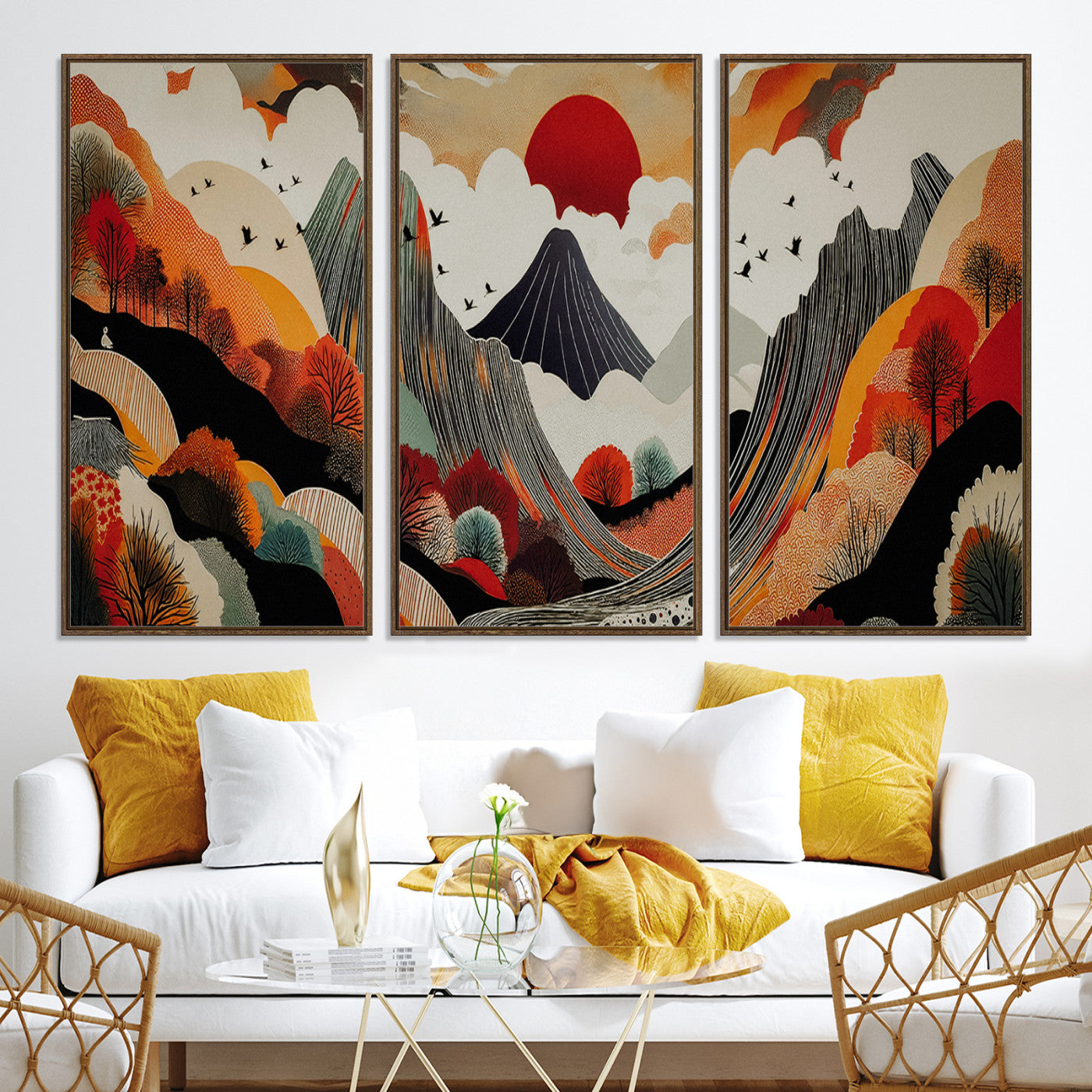 Abstract Mountain Wall Art Canvas Print, Vibrant Landscape Print, Framed Stylized Nature Drawing Art Print, Large Sunset Mountains Printing Perfect for Contemporary Minimalist Decor