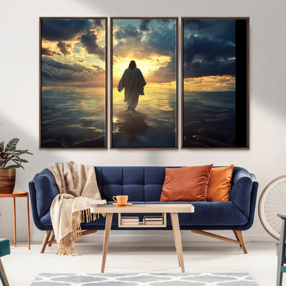 Spiritual artwork of Jesus walking on water at golden hour with divine light, ideal for Christian home decor or prayer room.