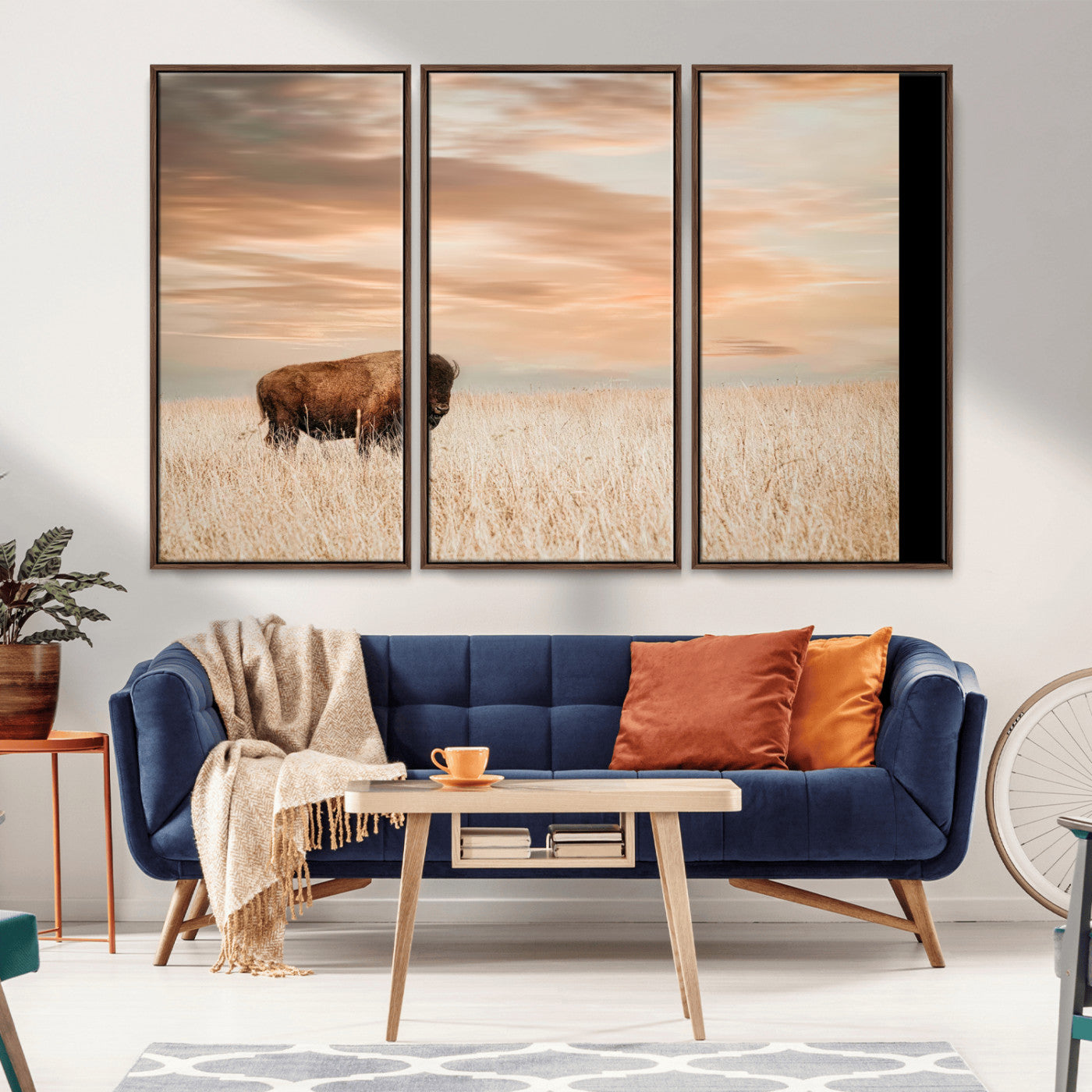 Bison Wall Art Print - Buffalo Canvas Print, featuring a lone bison in a golden prairie under a warm sunset sky, perfect for rustic and farmhouse decor.