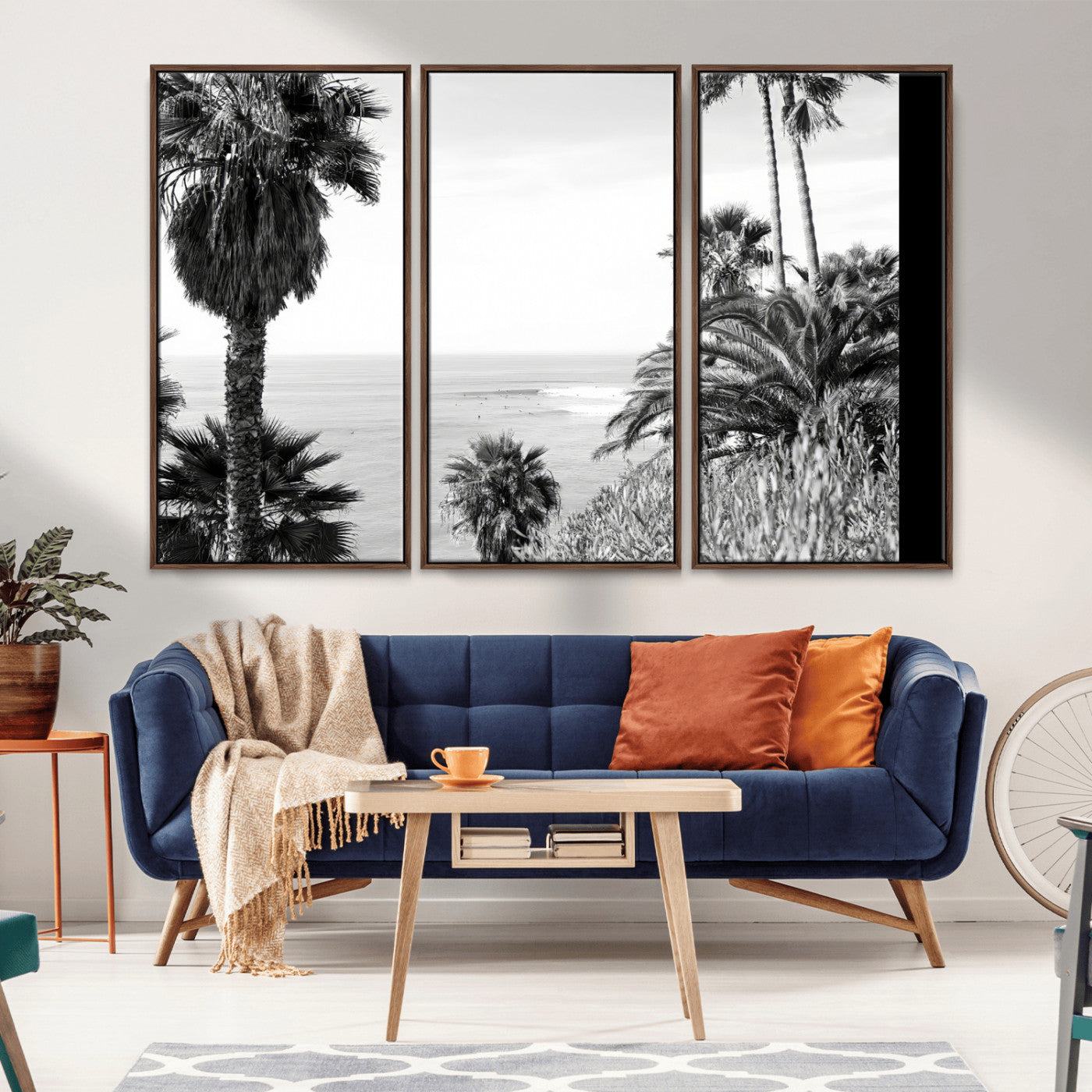 Monochrome canvas of palm trees framing a coastal surf scene, perfect for California-inspired or retro black-and-white beach decor.