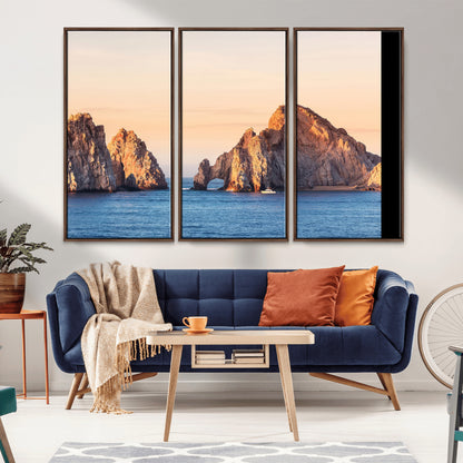 Framed canvas of El Arco rock formation in Cabo San Lucas at golden hour, ideal for coastal landmark or ocean-inspired decor.